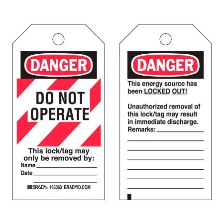 Brady® 65520 Lockout Tag- Danger Do Not Operate, 2 Sided, Heavy Duty Polyester, 25/Pack
